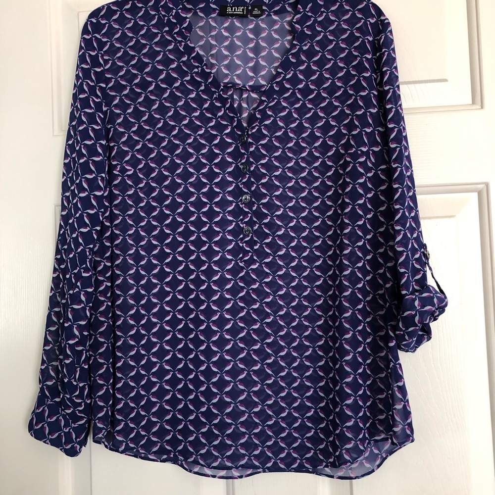a.n.a. Semi Sheer Top Sapphire Bird Print  V-neck Long Sleeve Size Petite Lg NWT